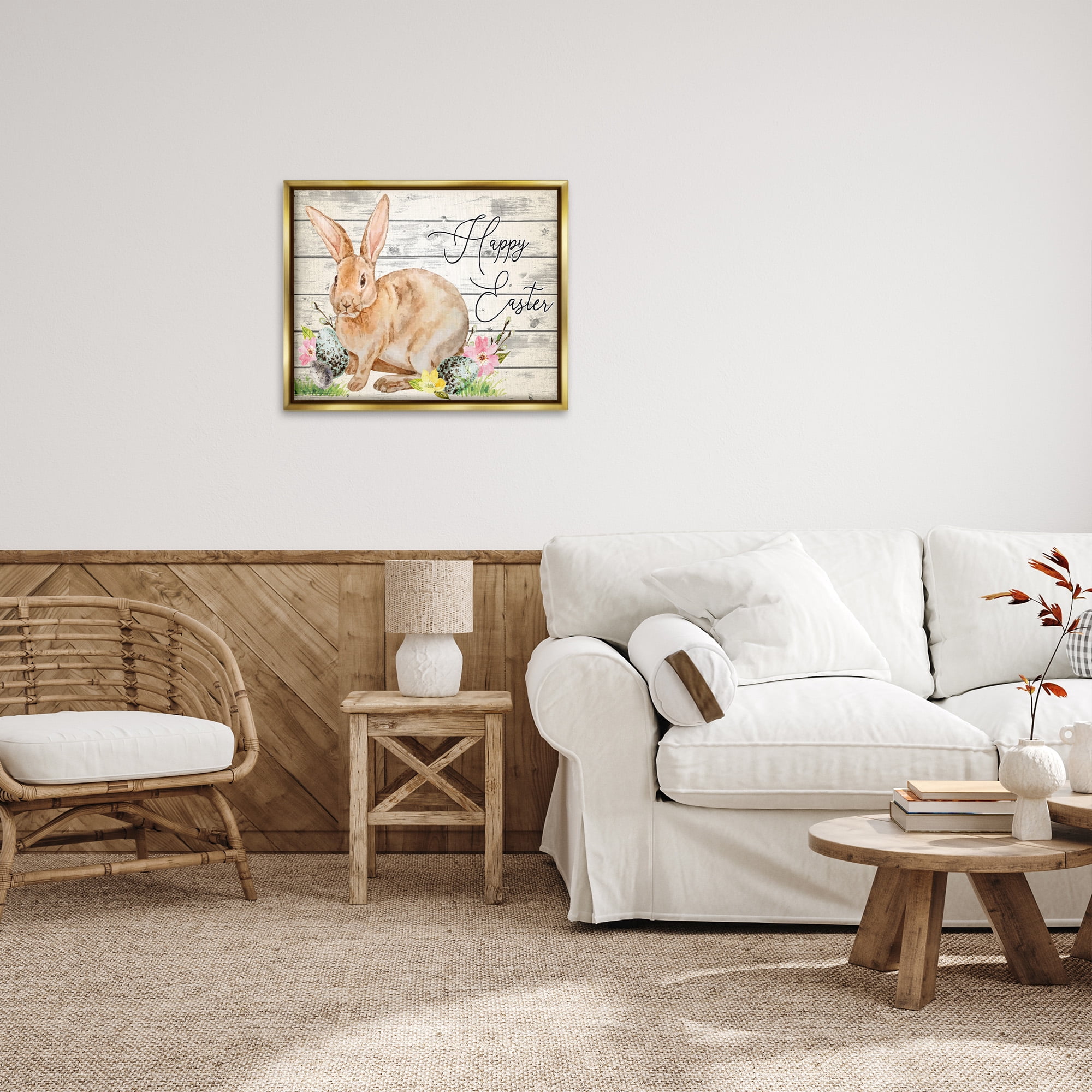 Spring Floral Happy Easter Bunny Gold Floating Frame Canvas Art, 31 x 25, By Nicole DeCamp