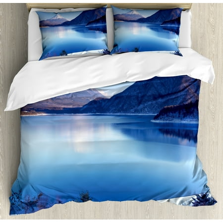 Winter Queen Size Duvet Cover Set, Fuji Mountain in Winter Snowy Hills and Mountain Top Japan Photography Print, Decorative 3 Piece Bedding Set with 2 Pillow Shams, Blue White Mauve, by