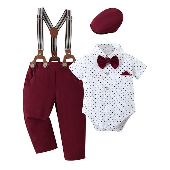 Baby Boy Clothes Suit 0-18 Months Wedding Formal Plaid Dress Shirt Suspender Pants Bowtie Hat Outfit