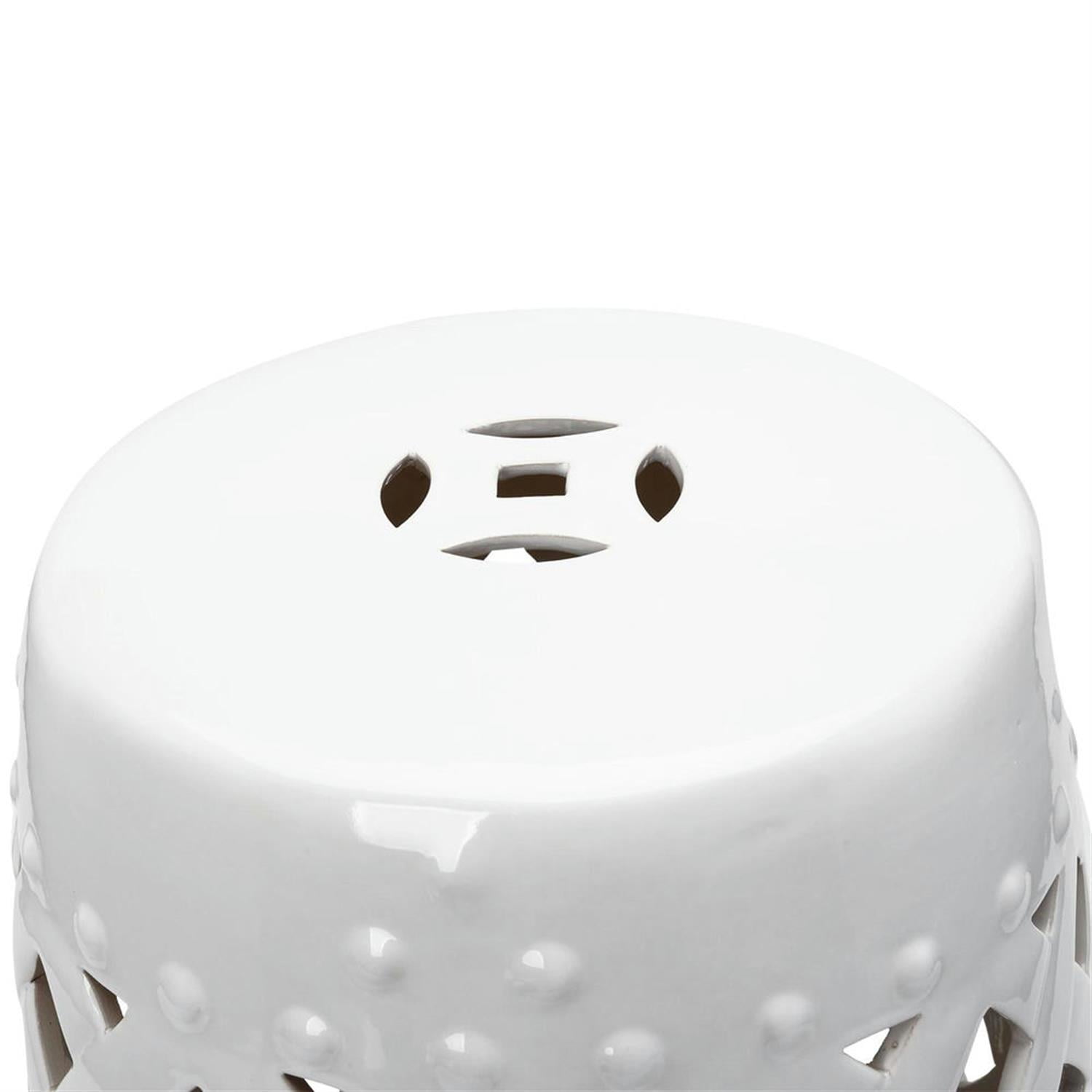 Demi Bonn 12" Large Outdoor Ceramic Stool with Intricate Lattice Design, Decorative Stool for Garden or Patio, White