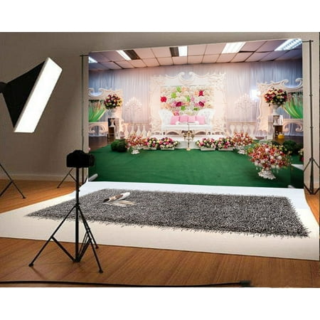 Image of MOHome 7x5ft Photography Backdrop Wedding Fancy Rose Flowers Sofa Green Carpet White Curtain Interior Party Decoration Romantic Background Baby Girl Princess Lover Photo Studio Props