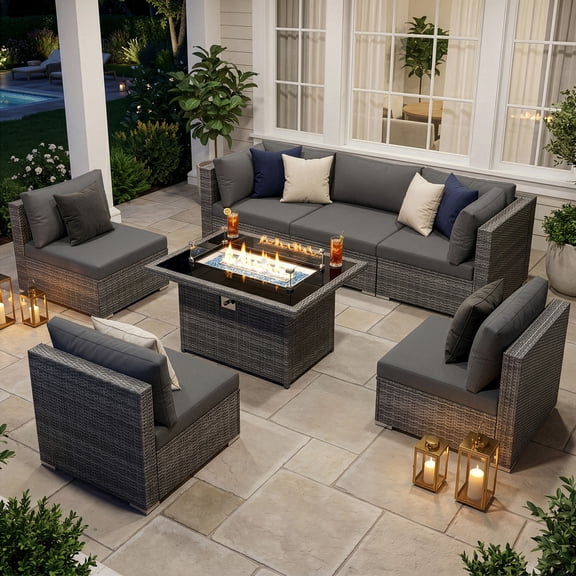 RADIATA 7-Piece Patio Furniture Set with Fire Pit Table, Outdoor Sectional with Fire Pit Table, Patio Couch Set with Fire Pit Table, Patio Furniture Set Outdoor Sectionals,Gray/Dark Gray