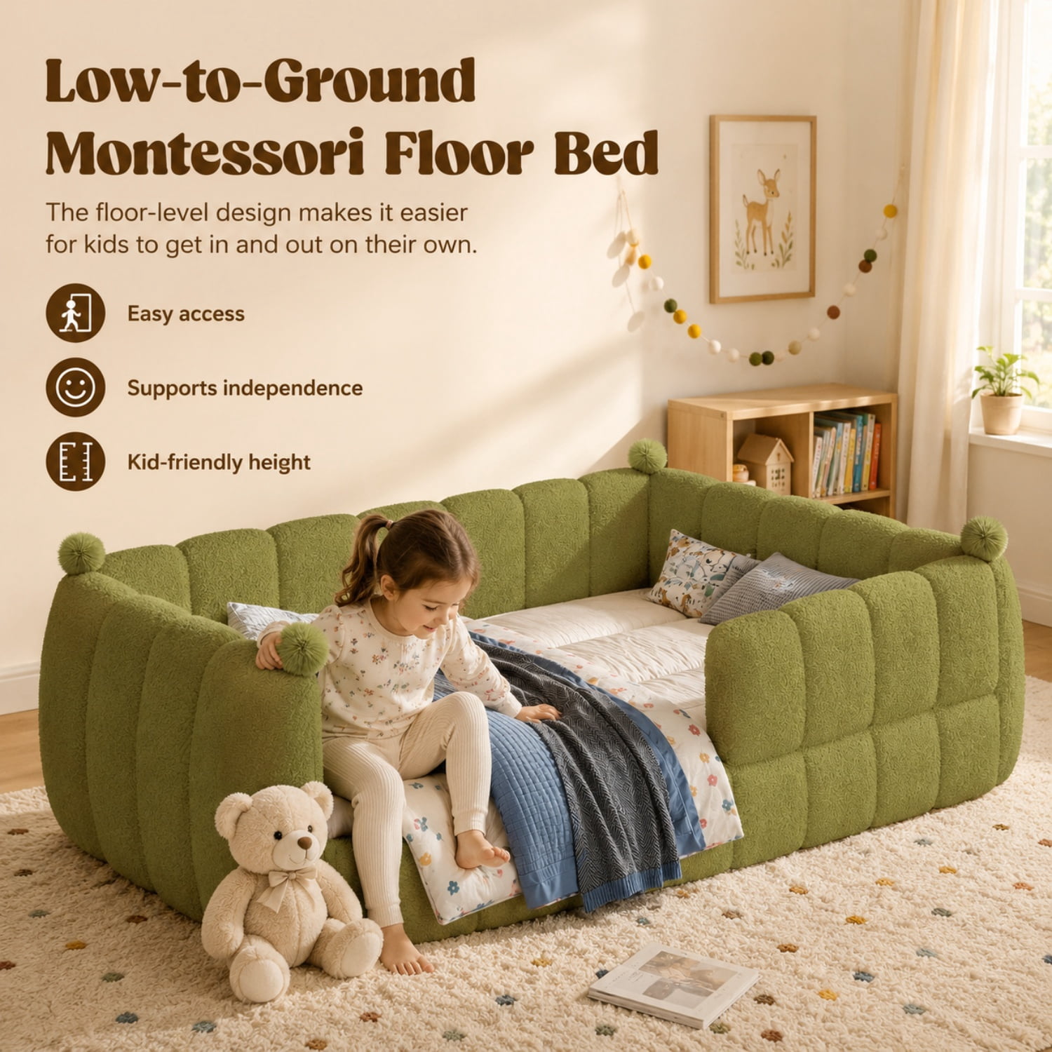 Miniyam Twin Size Kids Floor Bed with Soft Upholstered Guardrails, Low-to-Ground Montessori Bed Frame, Green