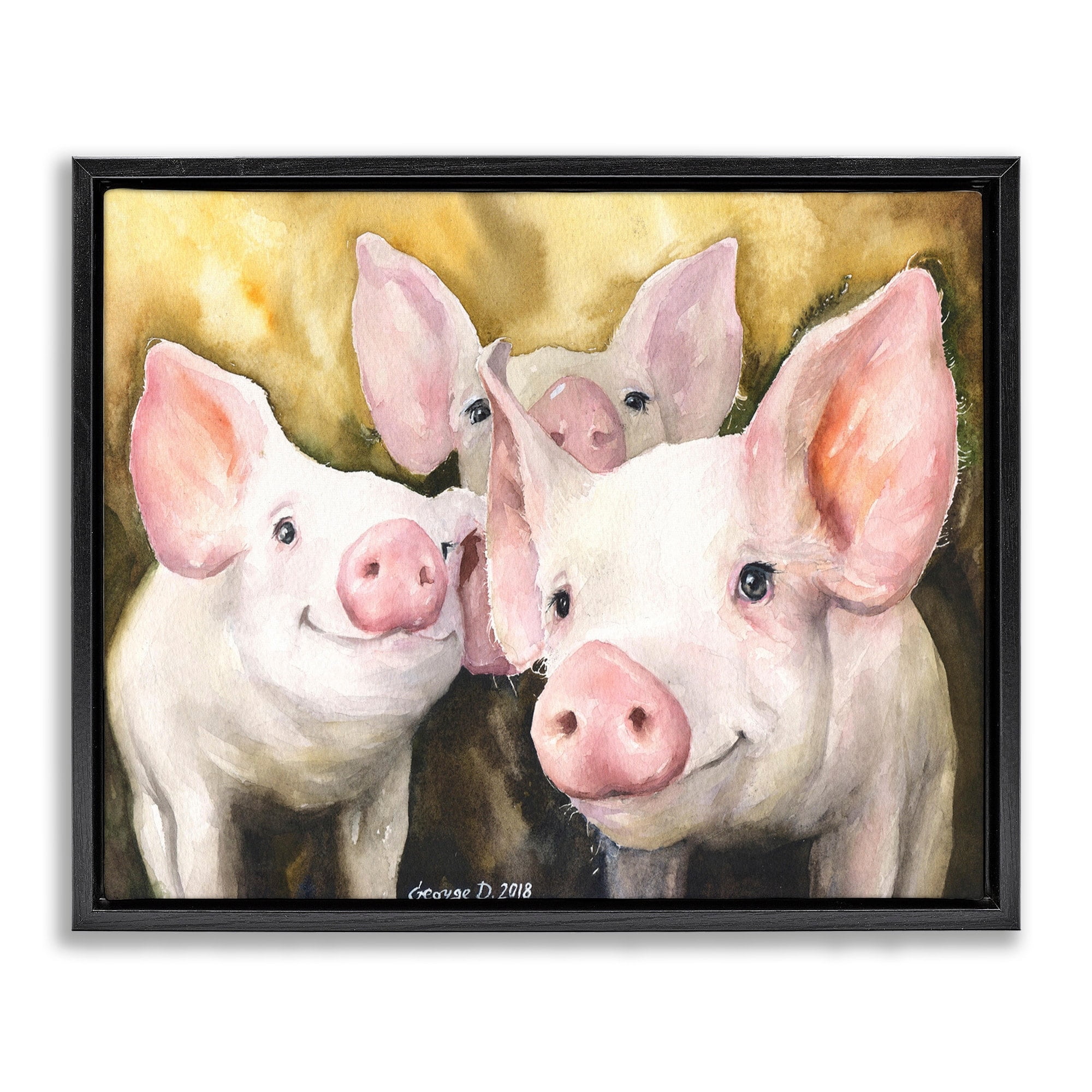 Stupell Industries Baby Pigs Animal Yellow Watercolor Painting Jet Black Framed Floating Canvas Wall Art, 16x20, by George Dyachenko