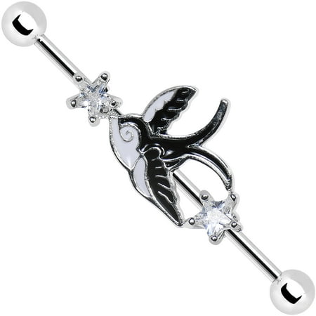 Black Cabochon Barbell Body Candy Stainless Steel Black Tattoo Flash Star Swallow Bird Industrial Barbell 14 Gauge 38mm ()