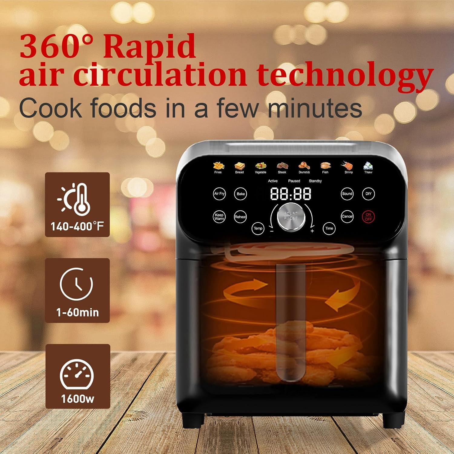 Air Fryer, 6.2QT Air Fryer Oven with LED Digital Touchscreen, 12 Preset Cooking Functions Air fryers, Bake, Reheat, Keep Warm, Nonstick and Dishwasher-Safe Basket, Stainless Steel/Black, 6.2QT