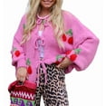 thumbnail image 3 of Womens Tie Front Cardigan Cute Cherry Open Front Y2k Sweater Oversized Chunky Knit Cardigan Tops Rose Pink M, 3 of 10