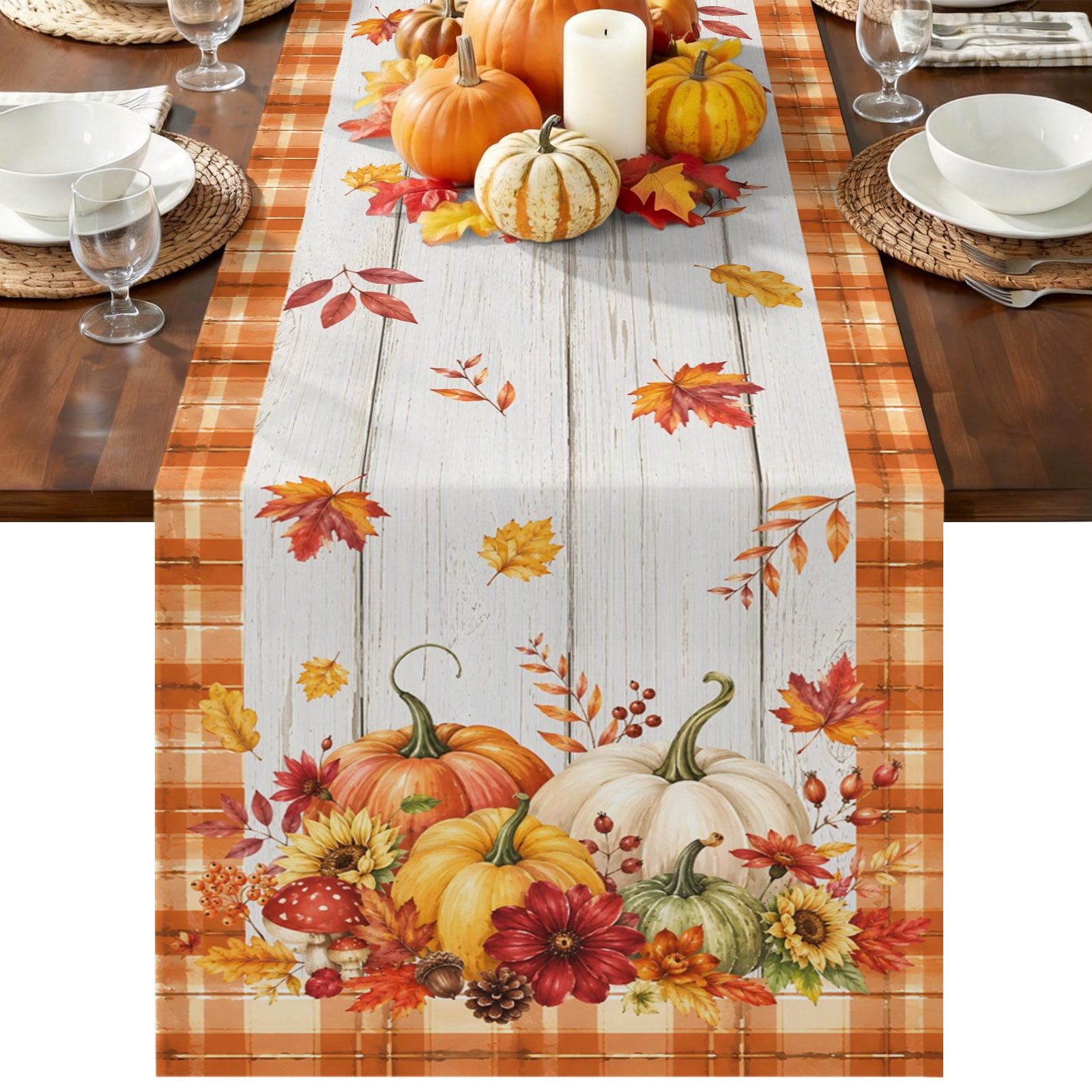Thanksgiving Table Runner 70 Inches Long Fall Pumpkin Cones Flowers Leaf Wood Grain Table Runners Dresser Scarf Kitchen Dining Tables Decoration for Holiday Party Wedding Home Decor 13 x70