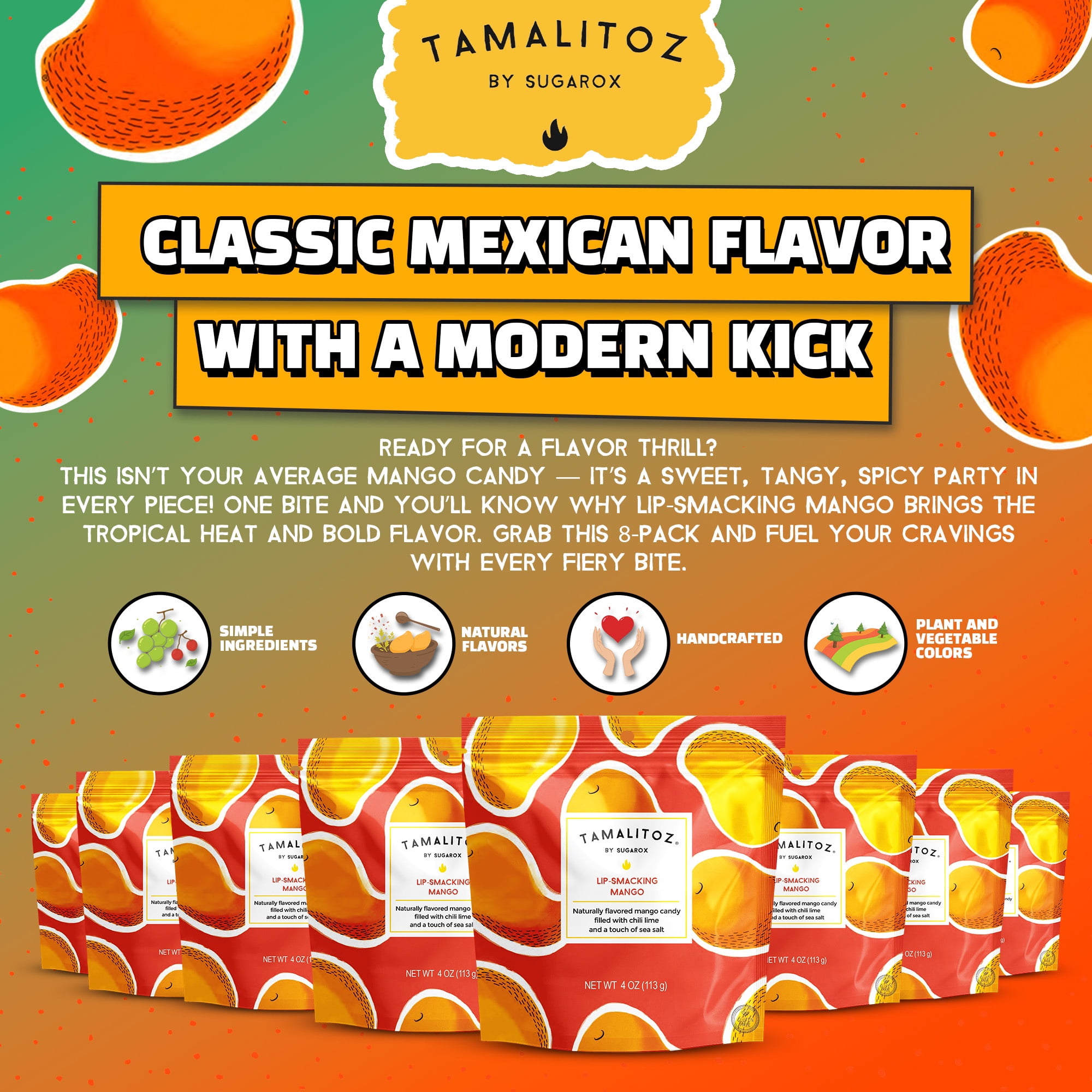 Tamalitoz Lip-Smacking Mango – Spicy Mango Mexican Hard Candy Filled with Chile, Lime & Sea Salt – Handcrafted Fruit Candy, Gluten-Free, Kosher, No Artificial Colors, 8 Bags – 4oz Each
