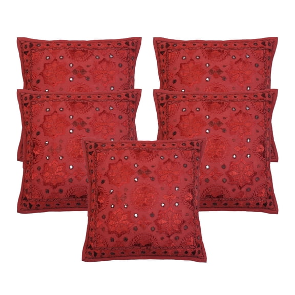 Stylo Culture Indian Chair Seat Throw Pillow Covers 16 x 16 Embroidered Maroon Bohemian 40cm x 40cm Living Room Cotton Mirrored Square Cushion Covers | Set Of 5