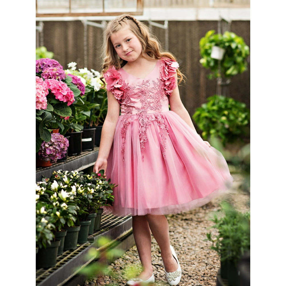 Just Couture - Just Couture Little Girls Rose Pink Petal Sleeve Lace ...