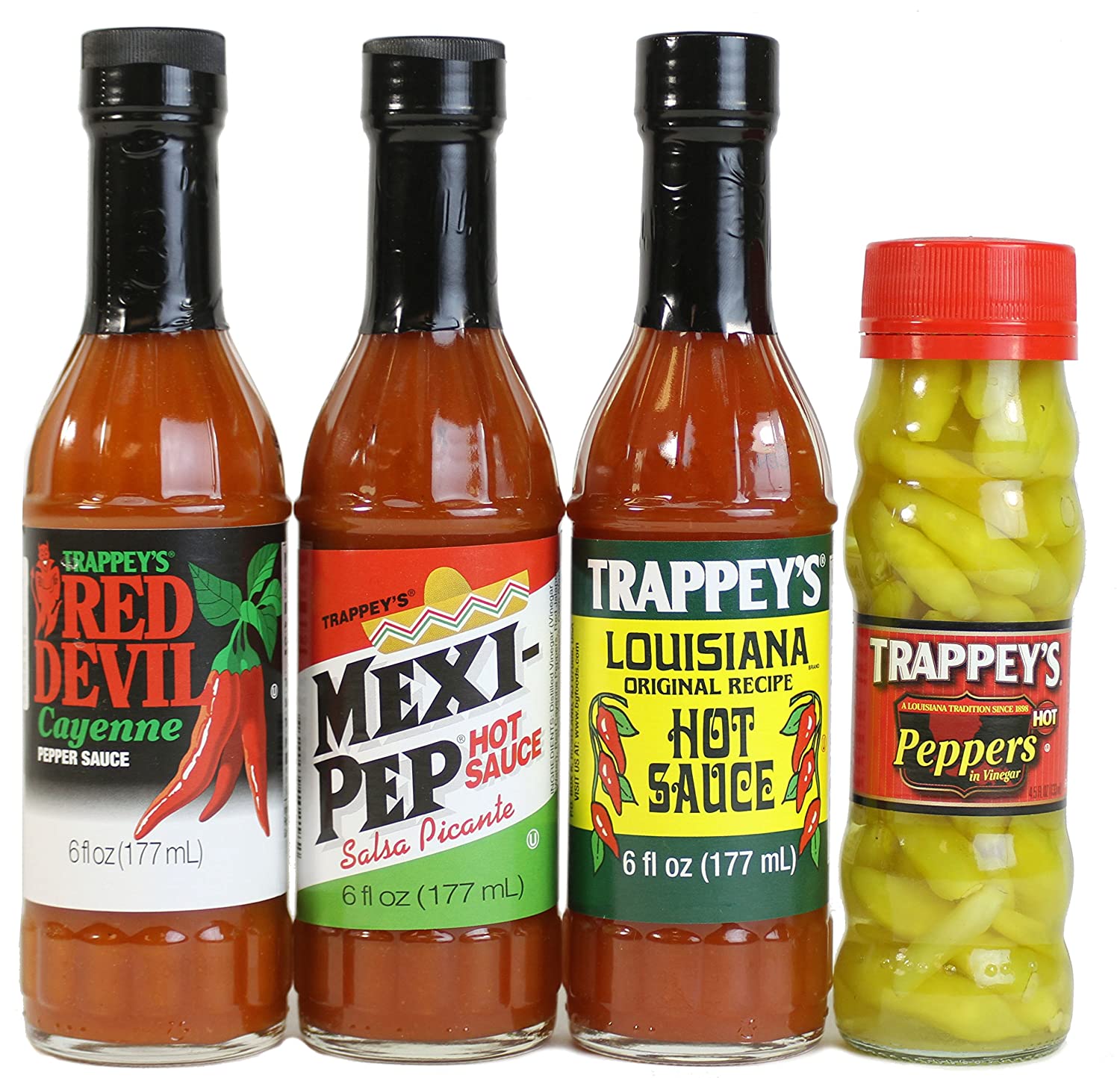 Trappeys Hot Sauces MexiPep, Red Devil, Louisiana (6 Oz Ea) and Peppers in Vinegar (4.5 Oz