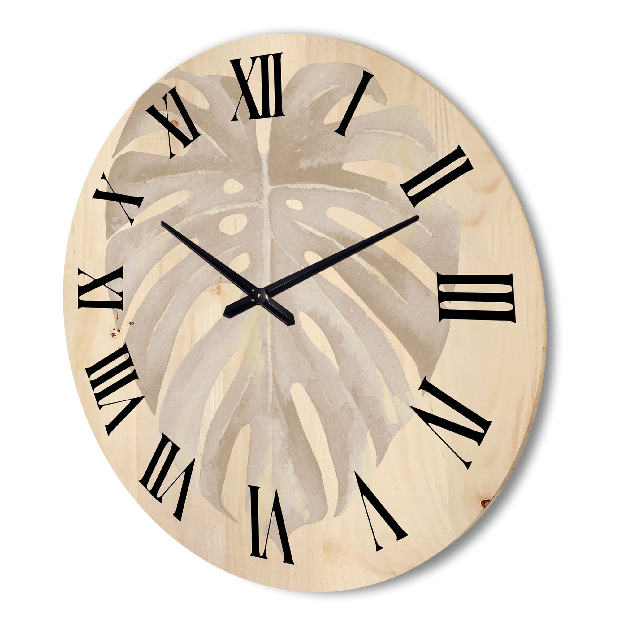 Designart 'Beige Ivory Pastel Monstera Heart Shaped Tropical Leaf' Traditional Wood Wall Clock