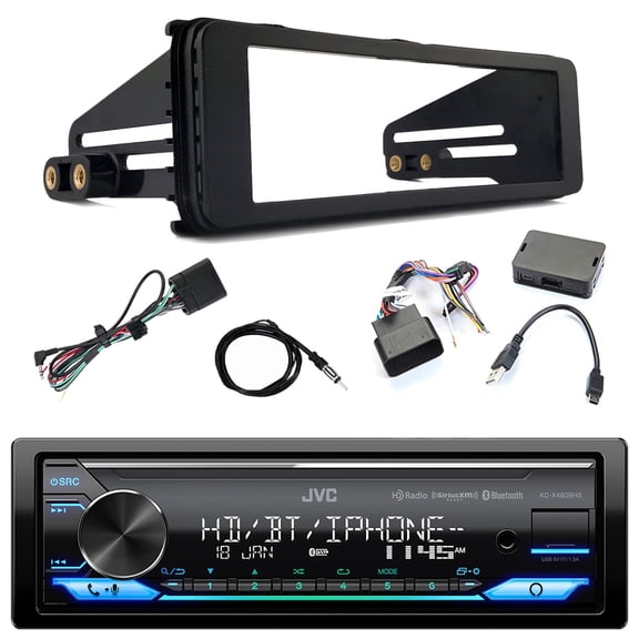 JVC KD-X480BHS Single DIN Bluetooth USB AUX LED Illumination AM/FM Radio Stereo SiriusXM Ready Amazon Alexa LED Car Audio Receiver, iDataLink Harley Wiring Interface Kit, Dash Kit, Radio Antenna