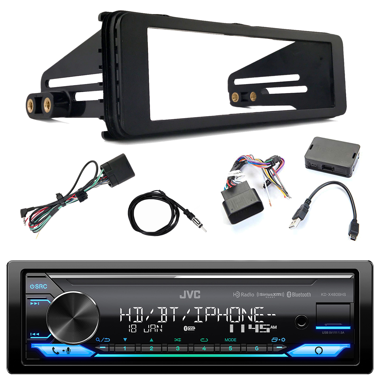 JVC KD-X480BHS Single DIN Bluetooth USB AUX LED Illumination AM/FM Radio  Stereo SiriusXM Ready Amazon Alexa LED Car Audio Receiver, iDataLink Harley  Wiring Interface Kit, Dash Kit, Radio Antenna