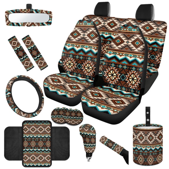 Jeiento Southwest Aztec 14 PCS Car Accessories Set Car Seat Protector Steering Wheel Cover Seatbelt Strap Pad Trash Can Armrest Cover Pad Cup Coasters Rearview Mirror Cover Handbrake Cover Set