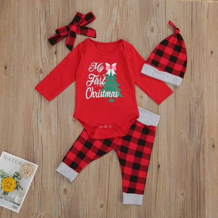 

Christmas Clothes Romper Bodysuit Baby Jumpsuit+Long Pants+Hat+Headband Outfits Set 0-18M