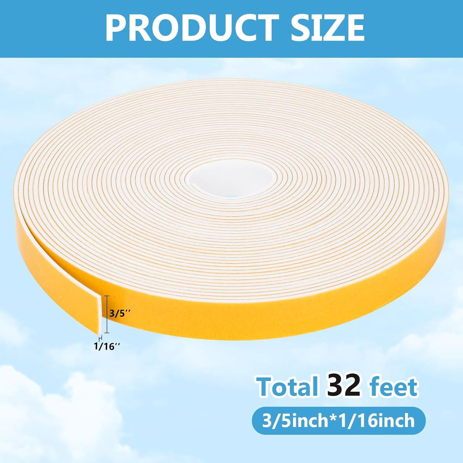 FRKSMD-Weather Stripping Door Seal Strip (3/5 Inch X 1/16 Inch X 32Feet), Strong Adhesive, Lightproof, Soundproof, Weatherproof Foam Tape Insulation for Sliding Door, Front Door Frame, Windows- White