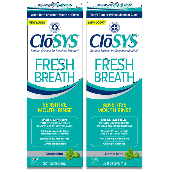 CloSYS Sensitive Mouthwash, 32 Ounce, 2 Count, Gentle Mint, Alcohol Free, Dye Free, pH Balanced, Helps Soothe Mouth Sensitivity, Fights Bad Breath