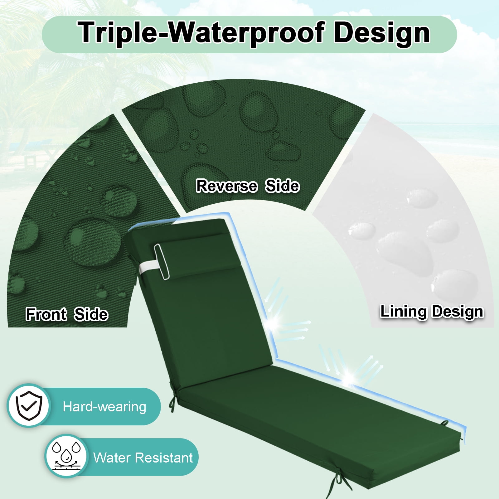 DTTRA Chaise Lounge Cushions Outdoor, 72 x 21 x 3 Inch, Waterproof Lounge Chair Cushion for Outdoor Furniture, Patio Lounger Pads with Removable Cover Ties Pillow for Pool, Garden Loungers