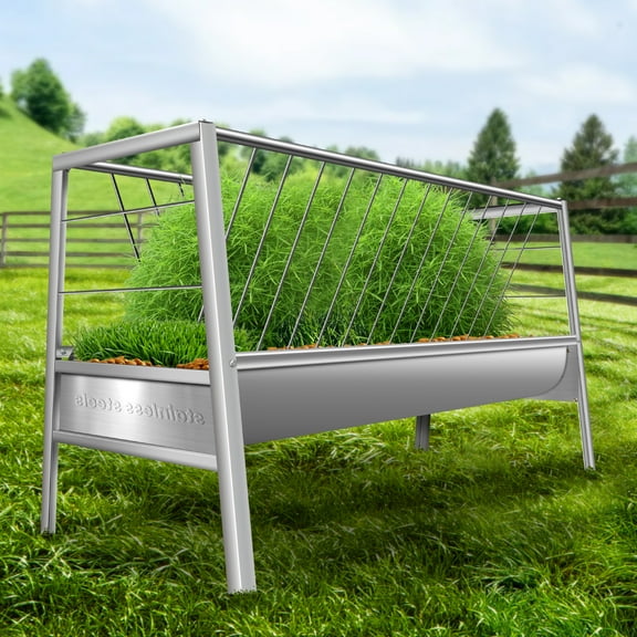 77 Gallon Multiple Sided Goat Hay Feeder, Stainless Steel Pasture Feeder 2 in 1 Hay Feeder for Goats, Sheep, Horses, with Detachable Grain Tray, Effortless Installation in Farm, Silver