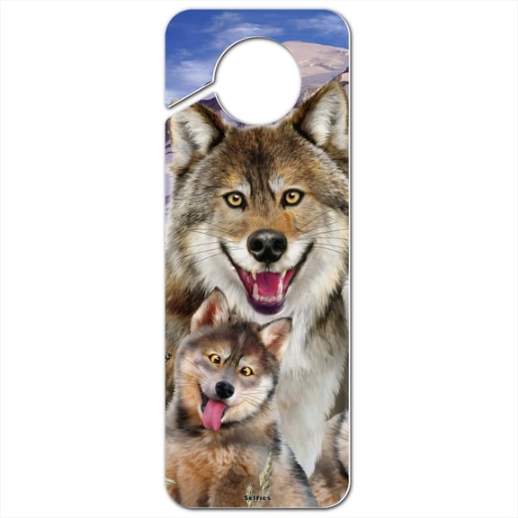 Wolf Pack Selfie Family Wolves Plastic Door Knob Hanger Sign