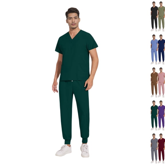 Mens Scrubs Set Stretch V Neck Medical Uniform Short Sleeve Top Jogger Pants Multi Pocket Nurse Workwear Easy Care Healthcare Uniform,M,Dark Green