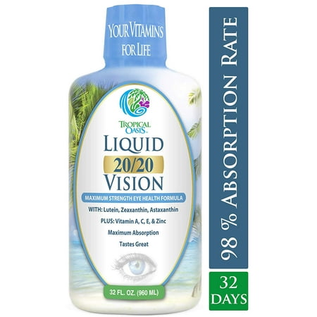 Liquid 20/20 Vision - Eye Vitamin Formula w/20mg Lutein, 4mg Zeaxanthin, 4mg Astaxanthin for Vision Support –Max Absorption- Great Taste & No Pills to Swallow– 32 Serv,