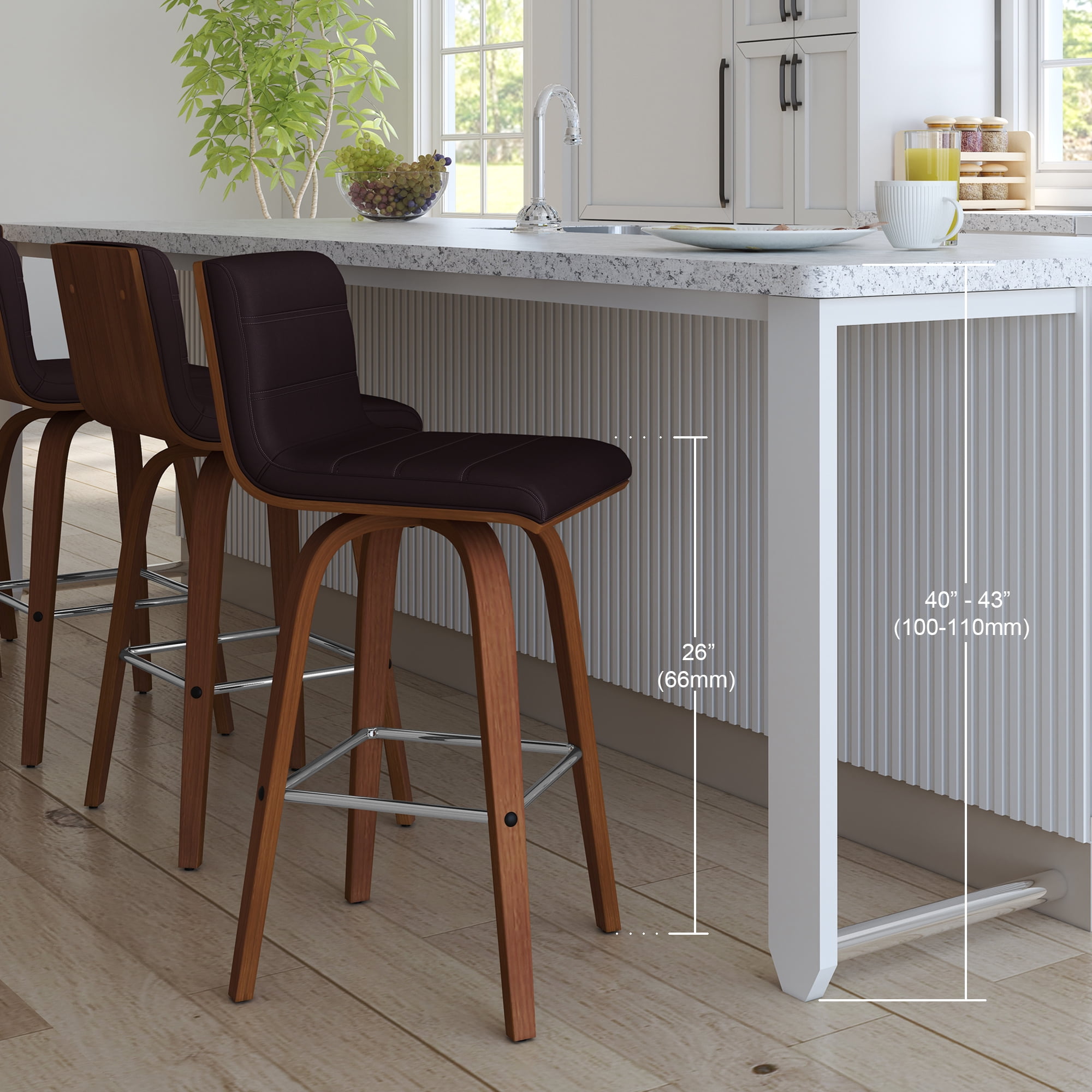 Vienna 26" Swivel Counter Stool in Walnut Wood Finish with Brown Faux Leather - Set of 3