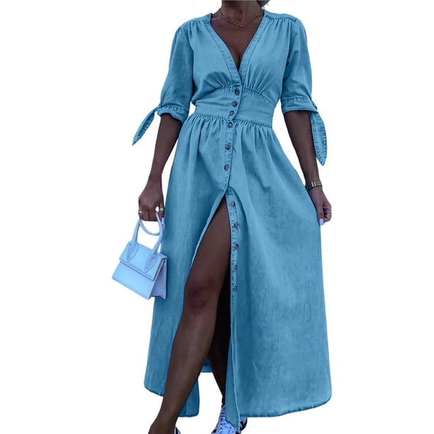 Vestido de Mezclilla con Cuello en V y Botones para Mujer, Cintura Media, Corta y Abertura Azul XL