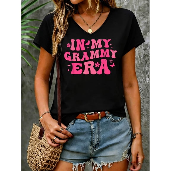 In My Grammy Era Baby Announcement for Grandma Mother's Day V Neck T-Shirt Cotton Women's V Neck Graphic Tee, Casual Short Sleeve Shirt,Vacation Outfit