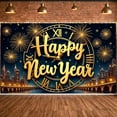 thumbnail image 2 of Golden Letters Happy New Year Banner Clock Design New Year Banner Fireworks Pattern Dark Blue Background Celebration Banner for New Year Party New Year's Eve Celebration Indoor Decoration, 2 of 8