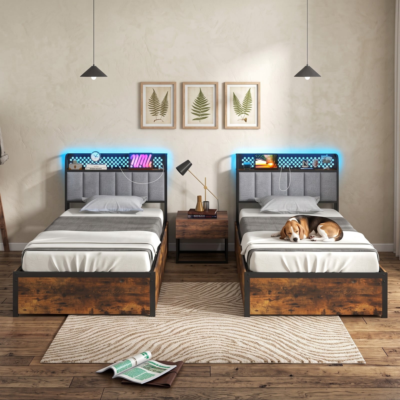 Furnibear Twin Bed Frame with Storage and LED Lights, Upholstered Platform Bed Frame with Headboard and 4 Drawers, Rustic Brown