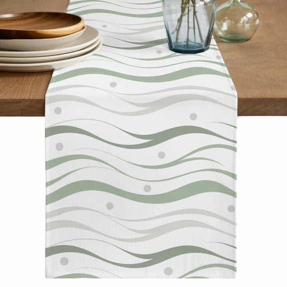 Sage Green Stripes Cotton Linen Table Runner for Dining Kitchen, Modern Simple Gradient Waves Lines Wedding Outdoor Party Tablerunners, Dresser Scarf Coffee Tablecloth Runners 13x108 Inches