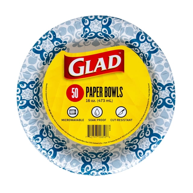 Glad Bols Ronds Jetables en Papier, Motif Victorien Vert - Bol Robuste, Résistant aux Trempettes, Résistant aux Coupures, Compatible Micro-Ondes pour Tous les Aliments et Usage Quotidien, 16 Oz, Lot de 50