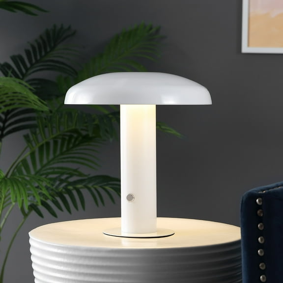 JONATHAN Y Suillius 11" Contemporary Bohemian Rechargeable/Cordless Iron Integrated Portable LED Mushroom Table Lamp, White, JYL7114B