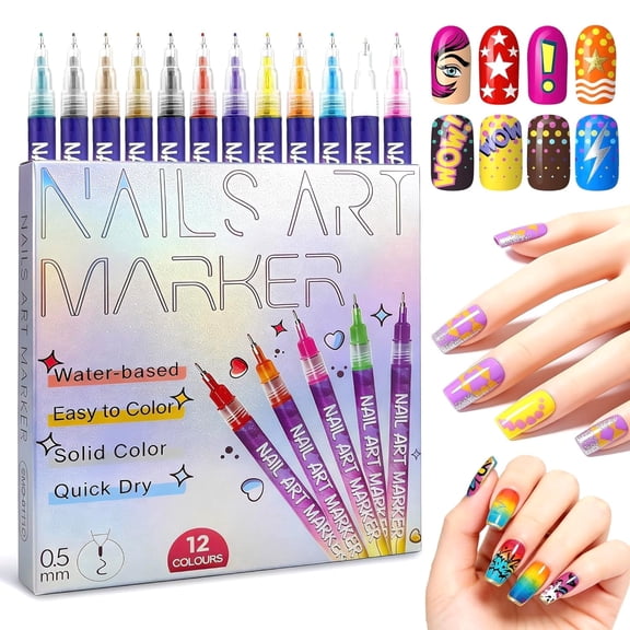 Nail Art Pens Set 12 Colors Nail Art Markers,2025 Nail Polish Pens Drawing Painting Pen for Home Salon,Quickly Dry Nail Art Nail DIY Decoration for Adult