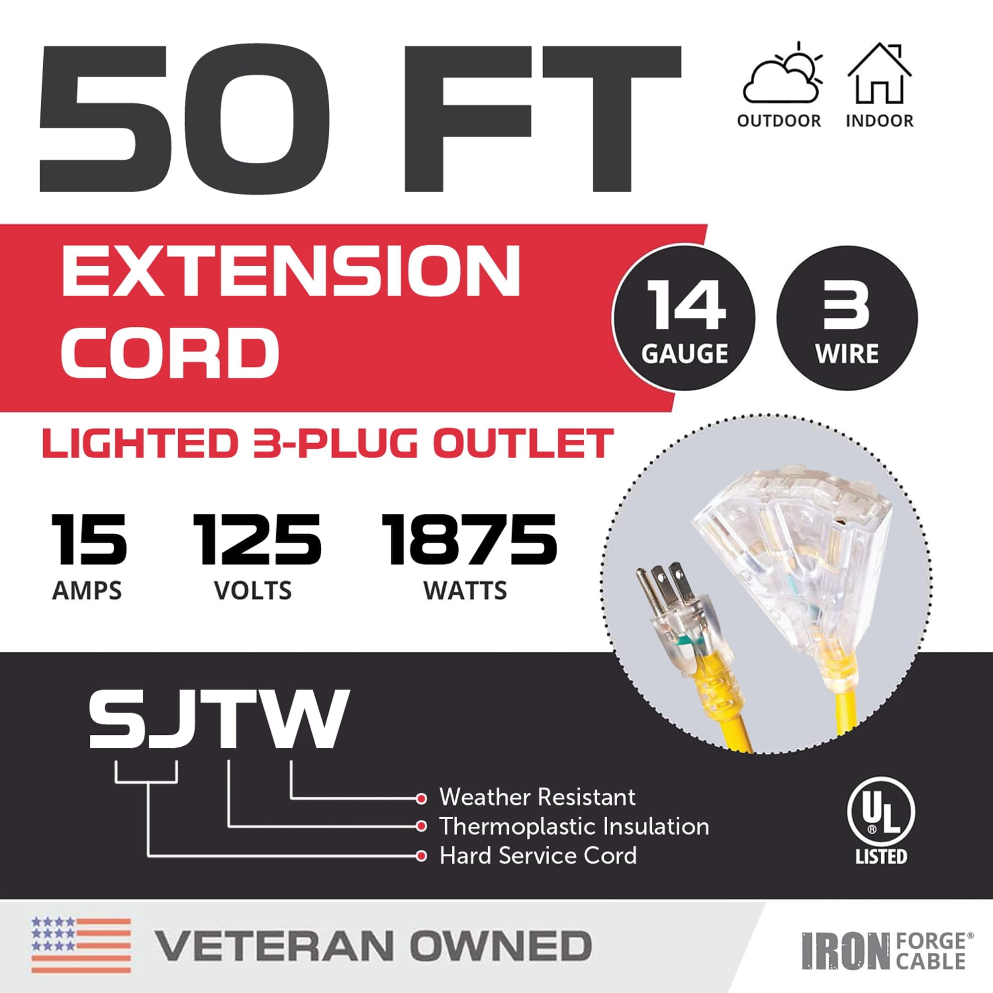 Iron Forge Cable 50ft Yellow Outdoor Extension Cord with 3 Outlets - 14/3 SJTW 15 Amp 50ft Extension Cord 3 Prong - Multiple Outlets with Lighted End