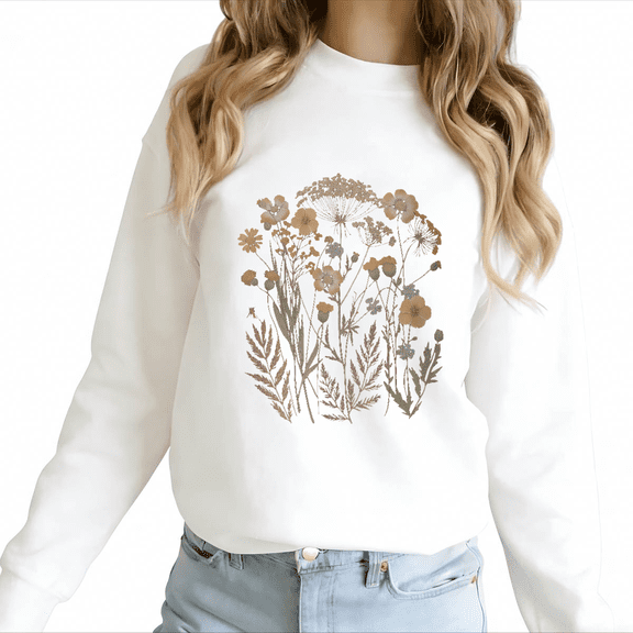White Print Sweatshirt Graphic Sweatshirt Vintage Wildflower Botanical Boho Casual Wear S-3XL Tops