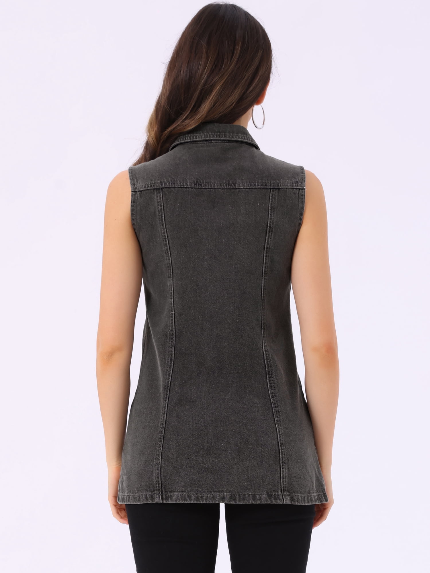 DARING DIVA Women's Button Down Sleeveless Pockets Mid-Long Denim Vest XS Grey