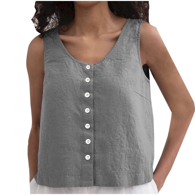 Débardeur pour Femmes, Mode Femmes Uni Été Décontracté Coton et Lin Sans Manches à Col Rond avec Boutons Débardeurs