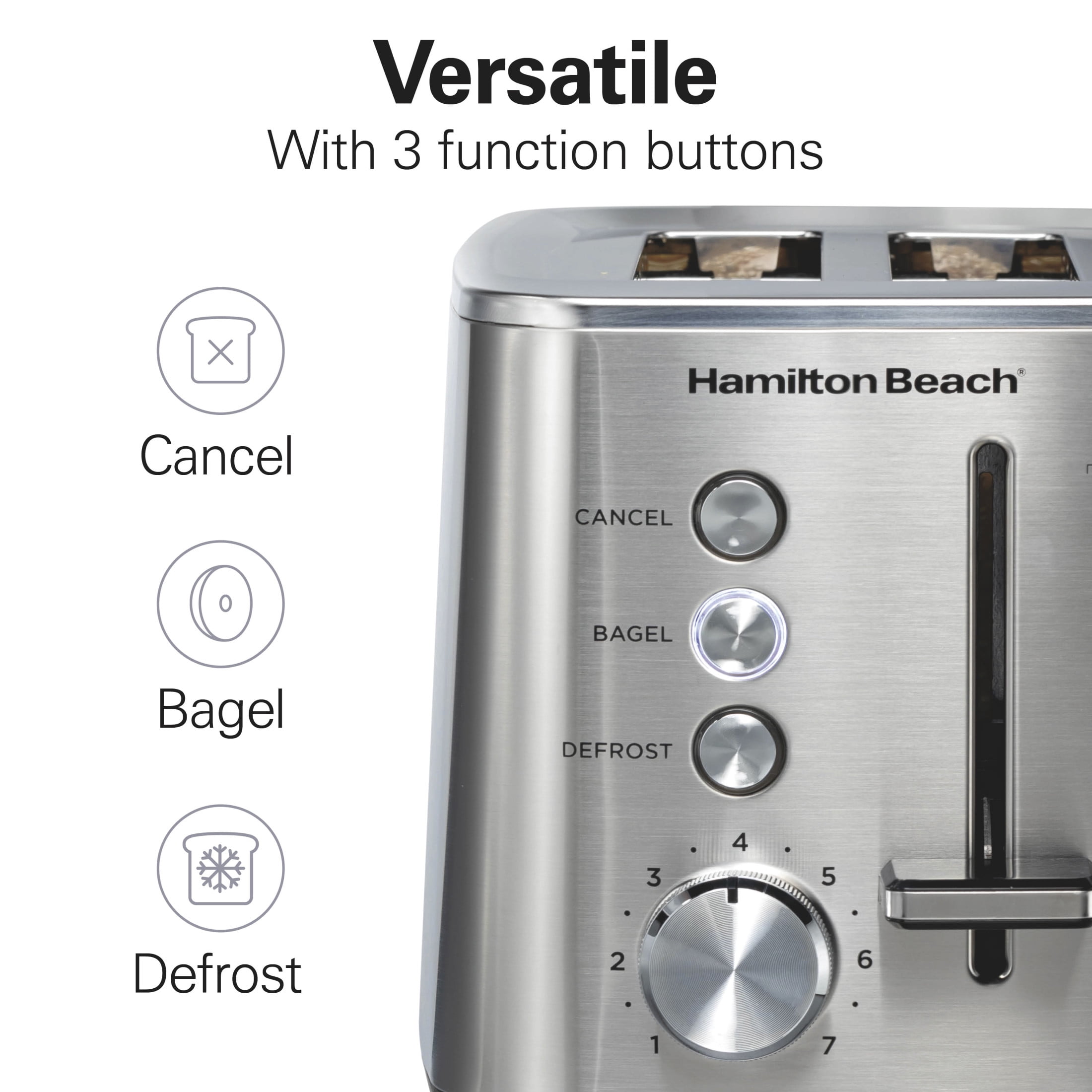 Hamilton Beach 2-Slice Bread and Bagel Toaster with Extra-Wide Slots, Toast Boost, and Removable Crumb Tray, Stainless Steel