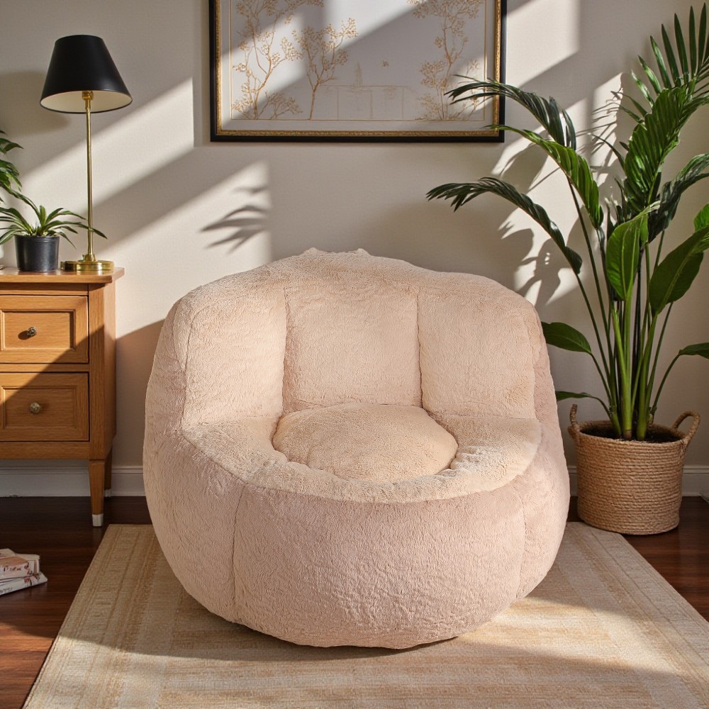 Tcbosik Oversized Bean Bag Chair for Adults, Faux Fur Single Sofa Chair, Accent Lounge Chair for Reading, Gaming, No Assembly Required, Brown+Camel