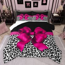 jejeloiu Cute Bowtie Ribbon Full Size Comforter Sets,Chic Leopard Print Bedding Comforter Set,Romantic Valentine'S Day Gifts Bedding Sets For Men Women,Luxury Bedroom Decor,3 Pieces