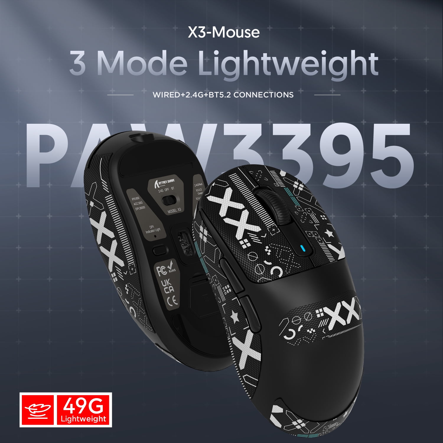 ATTACK SHARK X3 49g SUPERLIGHT Gaming Mouse, PixArt PAW3395 Sensor, BT/2.4G Wireless/Wired, 6 Adjustable DPI up to 26000, for Win10/11/Xbox/PS/Mac