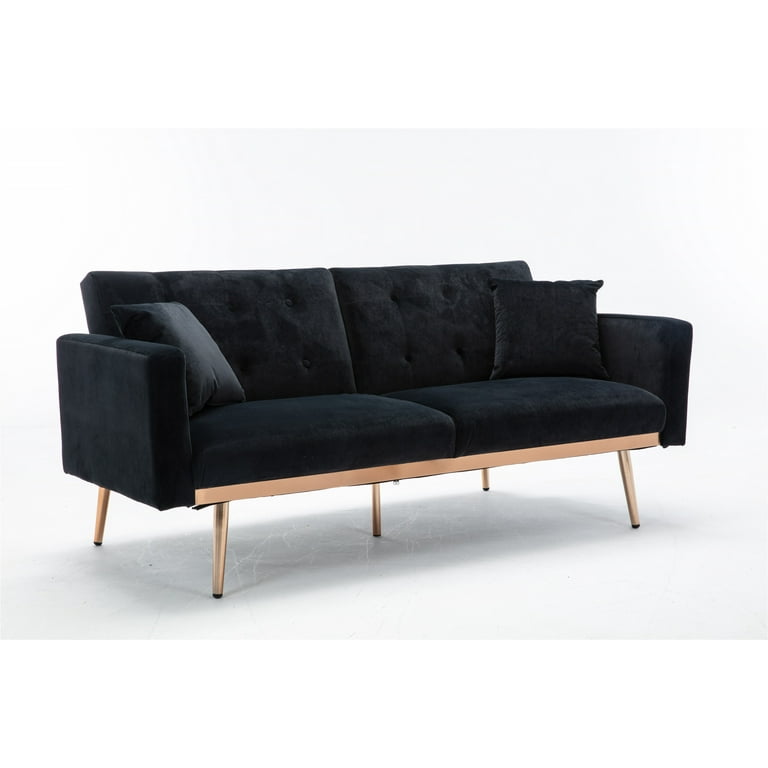 Convertible Futon Sofa Bed 63 Inch Velvet Tufted Upholstered Accent Sofa with 2 Pillows and Adjustable Backrest and Golden Metal Legs Folding Sleeper