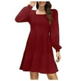 thumbnail image 5 of Ndbuld Womens Long Sleeve Fall Dresses Women's Casual Solid Color Lantern Sleeve Pocket Knitted Striped Dress,Wine,L, 5 of 7