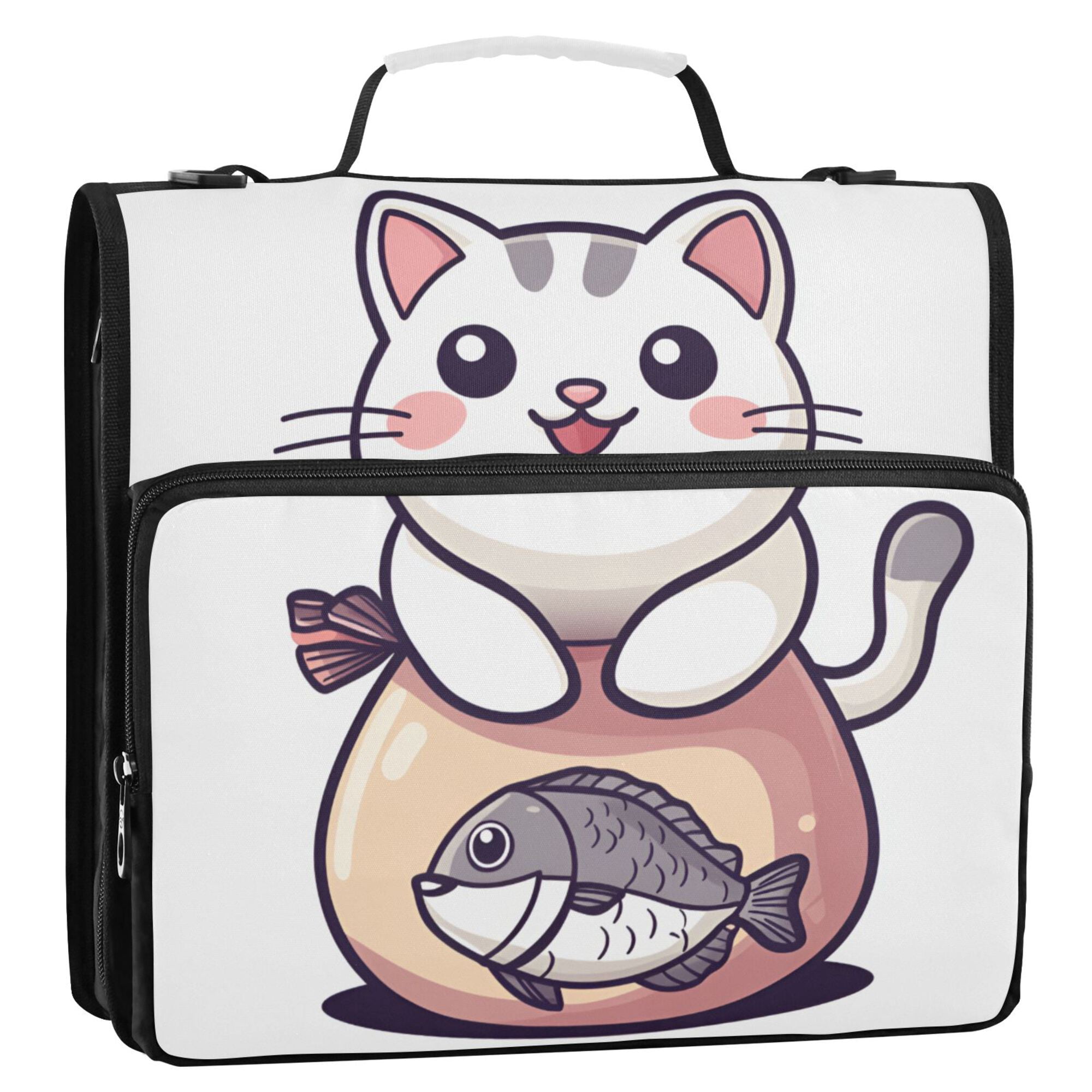 FORMRS Zipper Binder with Shoulder Strap 2-inch Ring 500 Sheet Capacity File Bag, White Cute Cat