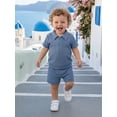thumbnail image 4 of BemeyourBBs Toddler Baby Boy Summer Clothes Infant Baby Boys Summer 2 Piece Outfits 6 12 18 24 Months 2 3 4 Years Waffled Short Sleeve Lapel Collar Half Zip Shirt Tops and Shorts 2Pcs Set, 4 of 9