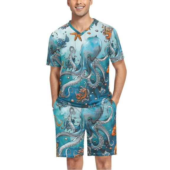 joogoo Men's Pajama Set Octopus Sea Star Fish V-Neck Pj Shorts Set 2 Piece Loungewear Sleepwear L